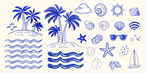 Blue line art illustration of tropical elements palm trees shells and sun © Juran