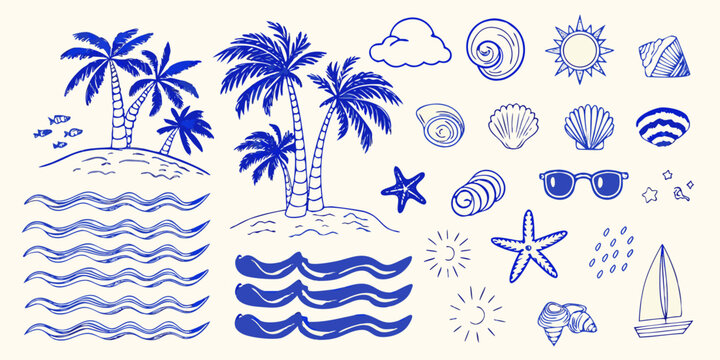 Blue line art illustration of tropical elements palm trees shells and sun