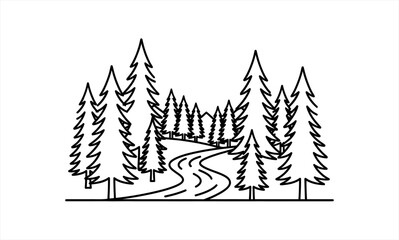 Obraz premium Minimalist Line Art Drawing of a Winding Road Through a Pine Forest.