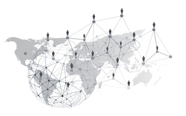 Black and White Networks, Business or Social Media Connections Concept Design with Grey World Map and 3D Polygonal Mesh on Isolated White Background - Businessman Figures Connected with Polygonal Mesh © bagotaj