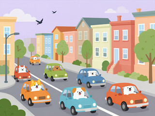 Naklejka premium Cute Cartoon Dogs Driving Colorful Cars Down a Suburban Street with Pastel Houses and Trees in a Cheerful Vector Illustration Style