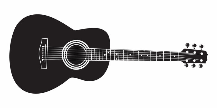 Simple black and white illustration of an acoustic guitar on white background