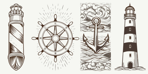 Nautical themed vintage illustrations of lighthouses wheels and anchors © Juran