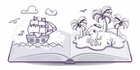 Poster Piraten An open book reveals a whimsical scene of a pirate ship and island  © Juran
