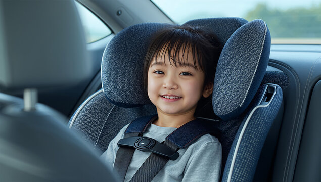 ミニマルな車内でチャイルドシートに座る日本人の子どもと安全装置