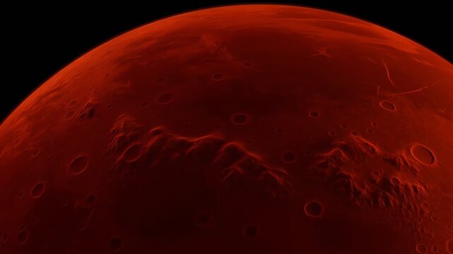 A close-up view of Mars' reddish surface showing craters and mountains in a space environment from orbit