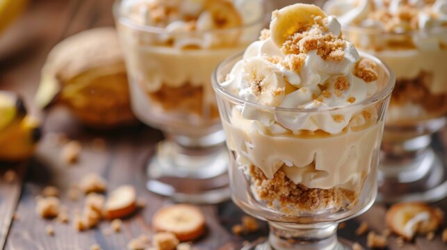 Delicious banana pudding served in clear glass cups. The dessert features layers of creamy filling, banana slices, and crushed cookies on top.