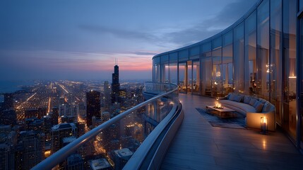 Fototapeta premium Sleek modern glass balcony of a luxury high-rise penthouse offering a breathtaking panoramic view of a sprawling metropolis at twilight.