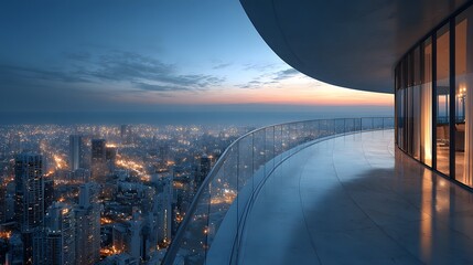 Fototapeta premium Sleek modern glass balcony of a luxury high-rise penthouse offering a breathtaking panoramic view of a sprawling metropolis at twilight.