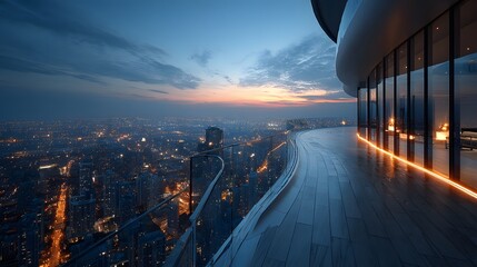 Fototapeta premium Sleek modern glass balcony of a luxury high-rise penthouse offering a breathtaking panoramic view of a sprawling metropolis at twilight.