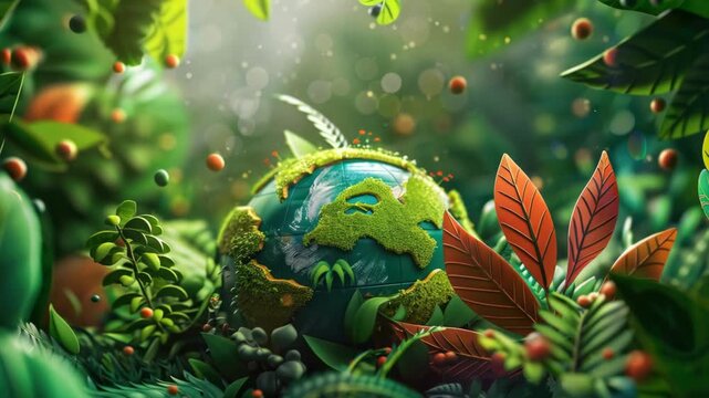 A green planet with a green moss covering it. The planet is surrounded by leaves and berries