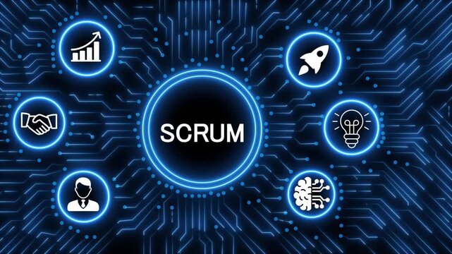 A glowing neon  SCRUM  icon surrounded by smaller icons for ai and manufacturing process management all connected in a digital circuit like pattern, manufacturing planning, manufacturing strategy. 4k 