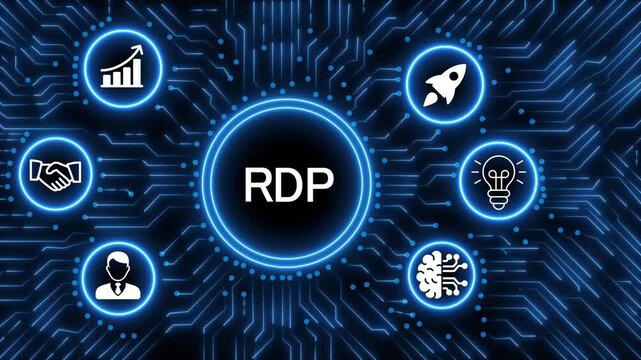 A glowing neon  RDP icon surrounded by smaller icons for ai and manufacturing process management all connected in a digital circuit like pattern, manufacturing planning, manufacturing strategy. 4k 
