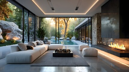 Naklejka premium Breathtaking minimalist luxury living room featuring a sweeping modular white sofa and a hanging fireplace overlooking a lush courtyard.