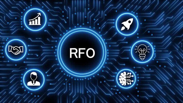 A glowing neon  RFO icon surrounded by smaller icons for ai and manufacturing process management all connected in a digital circuit like pattern, manufacturing planning, manufacturing strategy. 4k 