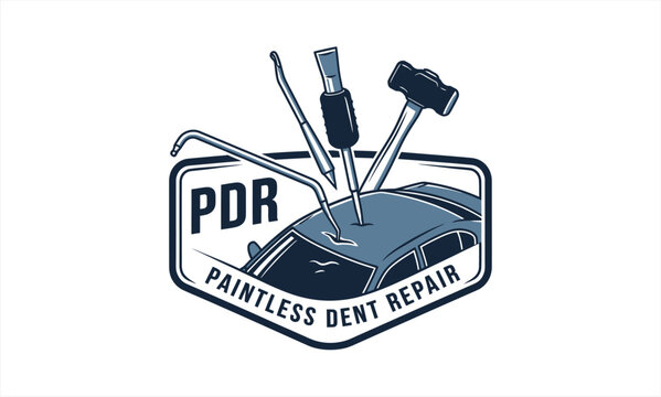 Paintless Dent Repair PDR Logo with Car and Tools.