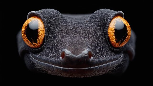 A close-up portrait of a lizard with a dark, textured body and piercing orange eyes