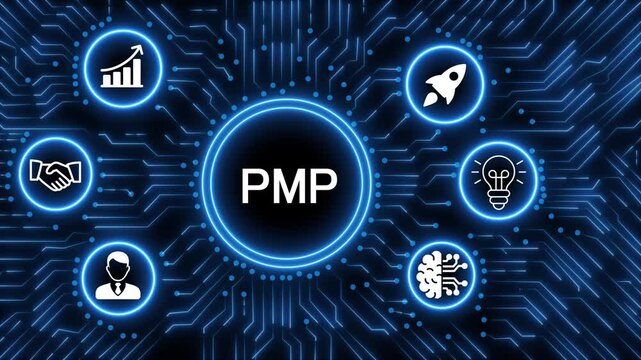 A glowing neon  PMP icon surrounded by smaller icons for ai and manufacturing process management all connected in a digital circuit like pattern, manufacturing planning, manufacturing strategy. 4k 