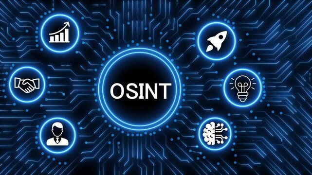 A glowing neon  OSINT icon surrounded by smaller icons for ai and manufacturing process management all connected in a digital circuit like pattern, manufacturing planning, manufacturing strategy. 4k 