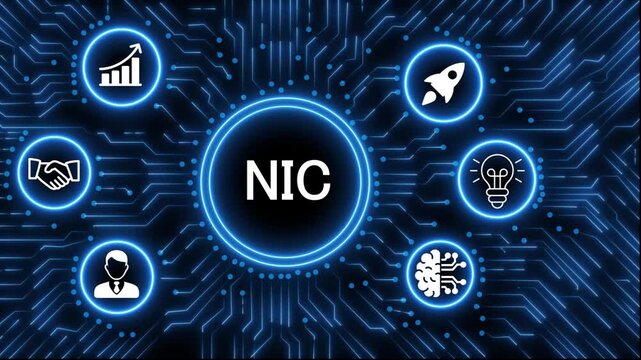 A glowing neon  NIC icon surrounded by smaller icons for ai and manufacturing process management all connected in a digital circuit like pattern, manufacturing planning, manufacturing strategy. 4k 