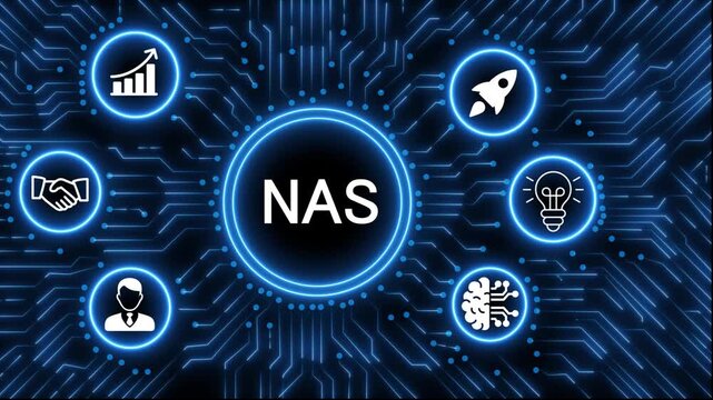 A glowing neon  NAS icon surrounded by smaller icons for ai and manufacturing process management all connected in a digital circuit like pattern, manufacturing planning, manufacturing strategy. 4k 