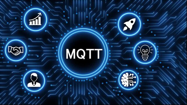 A glowing neon  MQTT icon surrounded by smaller icons for ai and manufacturing process management all connected in a digital circuit like pattern, manufacturing planning, manufacturing strategy. 4k 