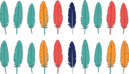 Colorful feather collection with flat decorative bird plumes for boho design, tribal ornament, fashion print, and modern vector illustration. © MstSuborna