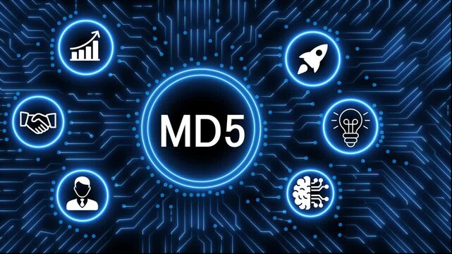 A glowing neon  MD5 icon surrounded by smaller icons for ai and manufacturing process management all connected in a digital circuit like pattern, manufacturing planning, manufacturing strategy. 4k 