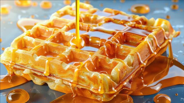 Stacked waffles with a warm caramel drizzle and syrup droplets on the plate