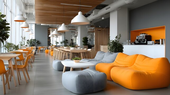 Vibrant and modern office lounge or university cafeteria featuring bright orange and grey modular seating alongside sleek white tables.