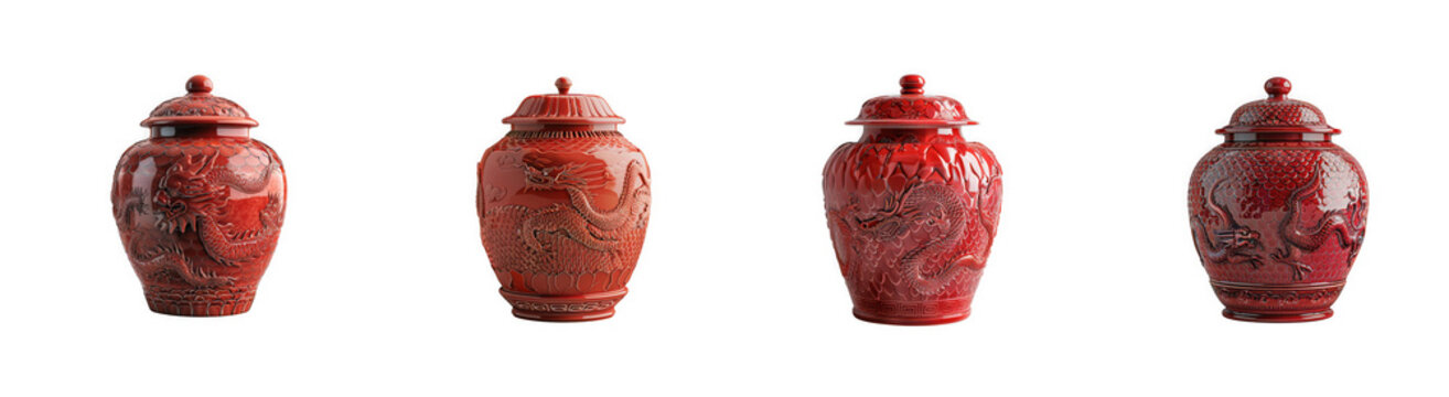 Crimson Red Cinnabar Vases with Dragon Motifs isolated on transparent background