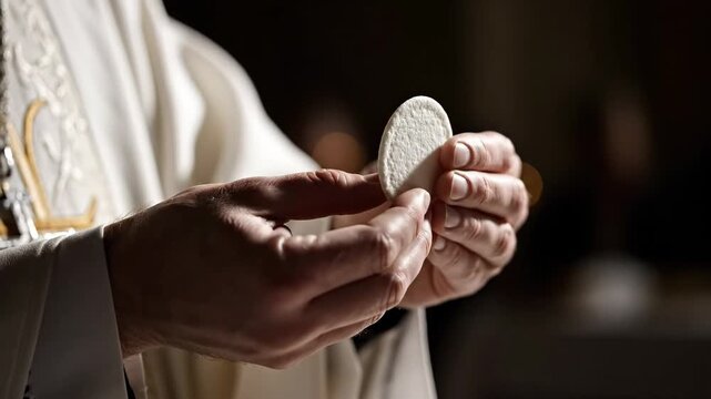 Priest holding the Holy Communion bread during Catholic Mass