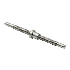 Industrial component stainless screw shaft with central nut used in mechanical assembly conveying linear motion and precise positioning