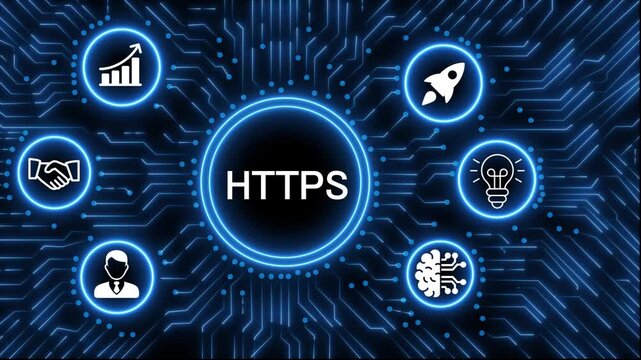 A glowing neon  HTTPS icon surrounded by smaller icons for ai and manufacturing process management all connected in a digital circuit like pattern, manufacturing planning, manufacturing strategy. 4k 