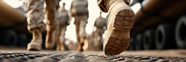 Obraz premium Military personnel walking forward on rough, dusty ground with combat boots, highlighting collective movement and the demanding nature of military life
