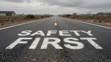 Safety First Road Sign Painted on Asphalt with Empty Highway Stretching Into Distance under Cloudy Sky for Warning and Caution Concept