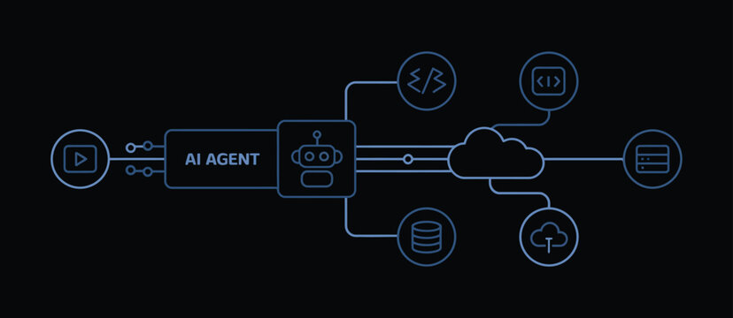 AII agent algorithm workflow with automation programming icons for artificial general intelligence engine system data analysis coding development.