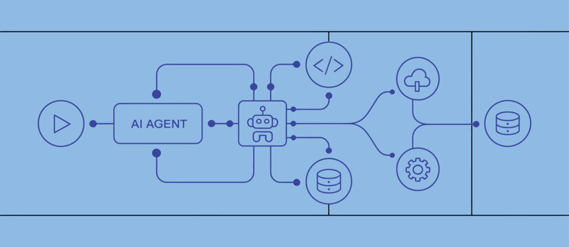 AII agent algorithm workflow with automation programming icons for artificial general intelligence engine system data analysis coding development.