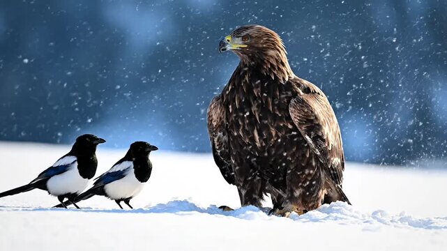 Eagle and Magpies in Snowy Landscape.