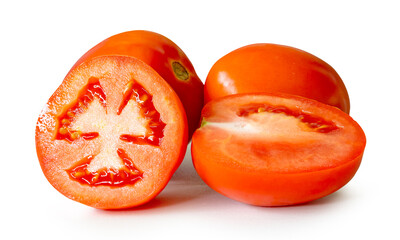 Two ripe red tomato fruits with two halves in stack isolated on white background with clipping path