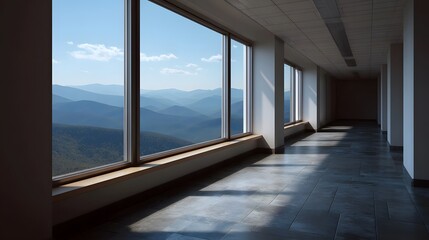 Fototapeta premium Modern office hallway with panoramic offering a serene view of distant blue mountain layers under bright sunlight