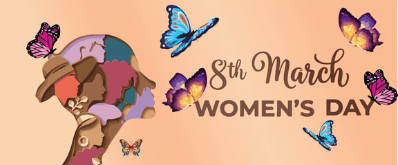 Fototapeta premium International Women's Day Banner with Diverse Female Profiles, Butterflies, and Calligraphy Text on Peach Background - Vector Illustration