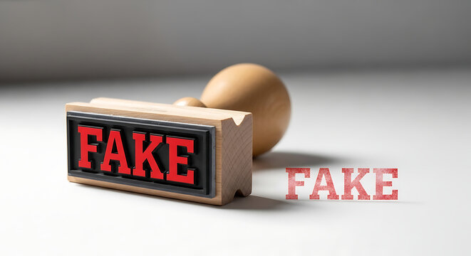 Rubber stamp with red ink marking fake on a white surface viewed from a slight angle close-up