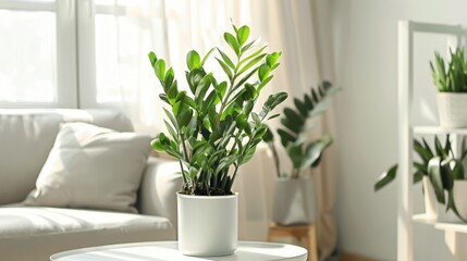 Fototapeta premium A green ZZ plant in a white pot sits on a table in a bright living room. Sunlight streams through large windows, illuminating the space.