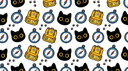 Cute Black Cat and Backpack Pattern with Compass for Travel and Adventure