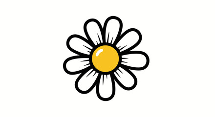 Cartoon Daisy Flower Icon with Yellow Center and White Petals on White Background