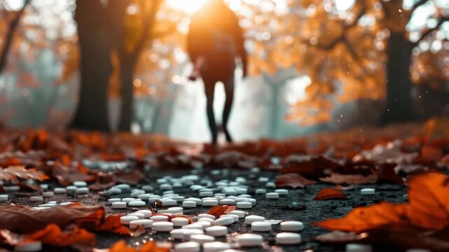A tranquil autumn scene of a person walking along a rain-soaked path lined with orange and yellow leaves, under a warm sunset glow.