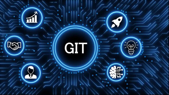 A glowing neon  GIT  icon surrounded by smaller icons for ai and manufacturing process management all connected in a digital circuit like pattern, manufacturing planning, manufacturing strategy. 4k 