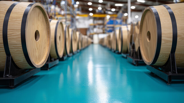 Dramatic perspective view down a long corridor of industrial wooden spools wrapped with thick black cables, mounted on black metal stands aligned perfectly on a reflective teal fac