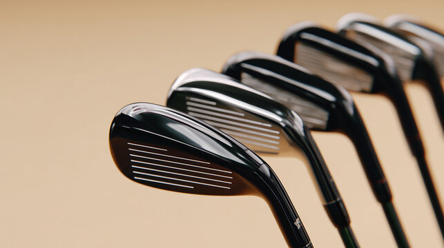 Commercial-style realistic image of multiple golf clubs arranged in graduated order from driver to putter, angled slightly toward camera, polished clubheads gleaming under soft dif
